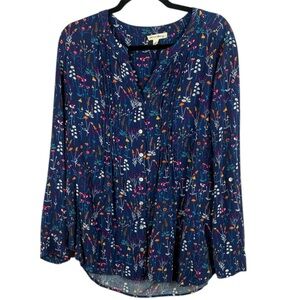 Jane and Delancey Navy Blue Wildflower Print Pleated Rayon Blouse - Medium